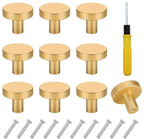 TANGHSE 10Pack Gold Door Knobs, Black Cabinet Knobs, 29 * 23mm Round Kitchen Door Knobs with 12 Screws &1 Screwdriver, Dresser Handles Pulls, for Cupboard Wardrobe Furniture-Minimalist Modern Style