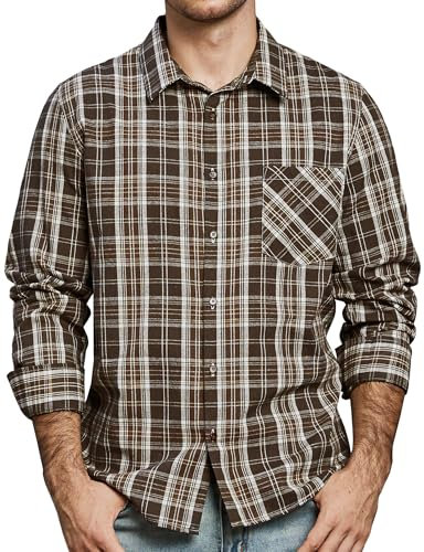 JOGAL Chemise à carreaux pour homme - Manches longues - Coupe droite - En coton - Avec poche, marron, L