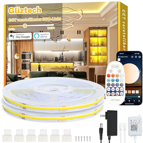 14M Cob Led Streifen Warmweiss Alexa Kompatibel, 3000K bis 6500K Led Strip Warmweiß bis Kaltweiß Dimmer, Ultraheller Led Band, Led Unterbauleuchte mit Fernbedienung und App für Küche, Schlafzimmer