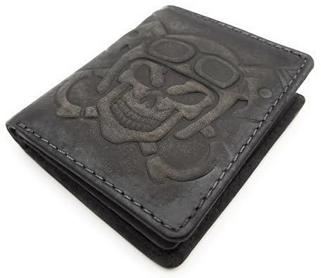 Lemasi echt Leder Mini Geldbörse Portemonnaie mit RFID Schutz 3D Totenkopf, Öse für Kette (grau)
