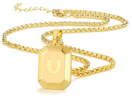 Miss Chipmunk Initial A-Z Halskette für Männer Jungen, Edelstahl Gold Square Letter Anhänger Kette für Männer, 20 + 2 Zoll Weizen Kette Alphabet Monogramm Hundemarke Halsketten Schmuck Geschenke(J)