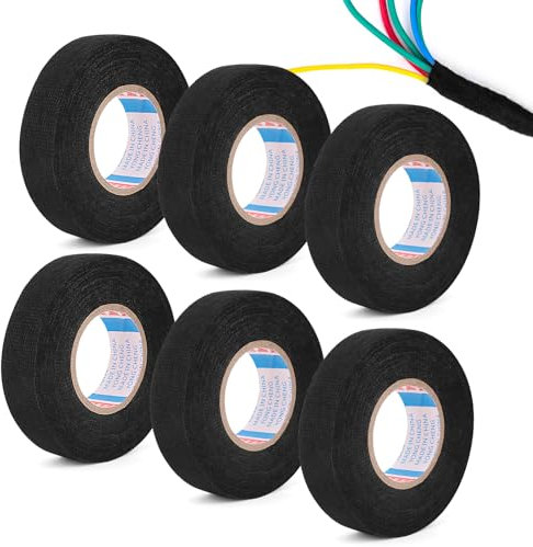 LOBVABA 6 Pezzi Nastro Adesivo Nastro Isolante Nero per Auto,19mm x 15m Nastro Tessile Autoadesivo,Nastro in Tessuto,Nastro in Industriale per Riparazione di Automobili e L'avvolgimento di Cavi
