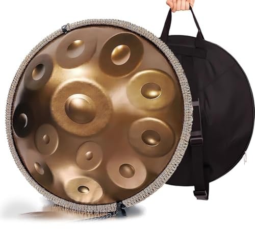 Handtrommel, 432 Hz Handpan Steel Drum, Golden Handpan Drum Percussion, 9/10/12/14 Notes 22 Zoll, Gold Performer“ in d-Moll mit weicher Handpan-Hülle, strapazierfähigem Handpan-Ständer(12Notes)