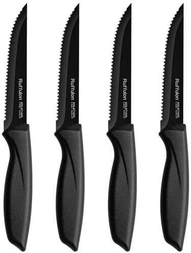 Ruffulon Set di 4 Coltelli da Bistecca,Coltelli da Cucina Affilati,Coltelli da Tavola in Acciaio Inox,Coltello Nero,Coltelli Bistecca Seghettato,Coltelli da Cucina Professionali per Tagliare la Carne