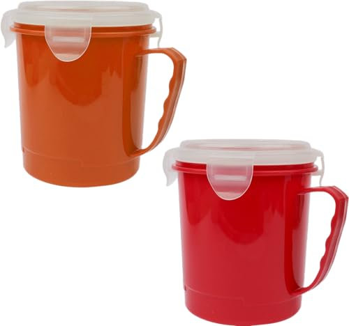 Microwave Soup Mugs 700ml - Steam Release Vents, Porridge & Noodle Bowl, BPA-Free, Leak-Proof Dishwasher-Safe, Microwavable Mugs, Heat Resistant, Home & Office (2pk - Red & Orange)