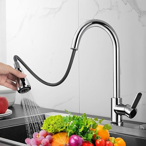 XWIHTR rubinetto estraibile da cucina, rubinetto da cucina girevole a 360°, miscelatore da cucina in acciaio inox a 3 modalità, rubinetto ad alta pressione per lavello da cucina (cromo - testa grande)
