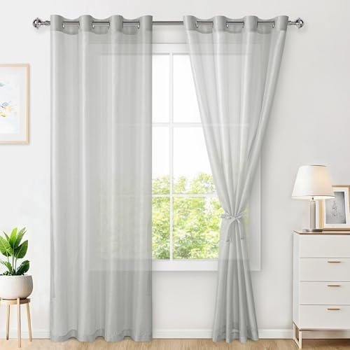 Hiasan Gardinen mit Ösen Vorhänge Wohnzimmer Grau H240 x B140 cm (2er Pack) | 2er Set, Ösenvorhang Gardine Vorhang aus Polyester Voile, sanftes Licht moderne Dekoschal für Wohnzimmer Schlafzimmer