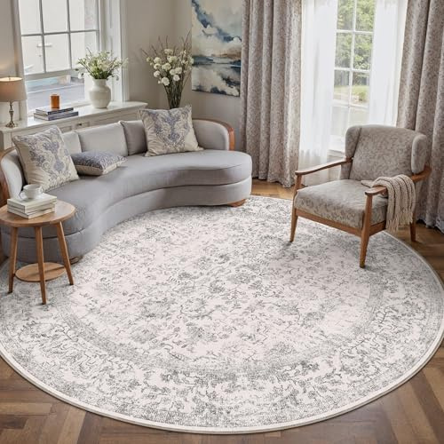 HUGEAR Grau Vintage Teppich Rund 240cm Waschbar | Waschbarer Runder Teppich,Rutschfester Kurzflor,für Wohnzimmer,Schlafzimmer,Esszimmer Büro,Carpet, Bedroom, Teppiche