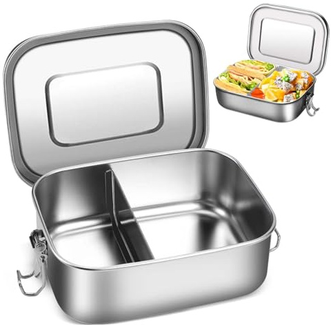 Urganvem Stainless Steel Lunch Box with 1 Compartment, 850 ml Leak-Proof Robust Bento Box, Metal Lunch Box with Movable Divider, Eco-Friendly & BPA-Free for Family School Hiking Travel