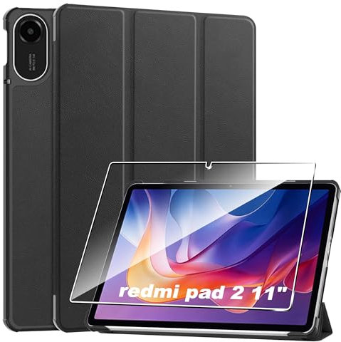 Heioloo Custodia per Redmi pad 2 11 2025 Cover in Pelle Case, + [1 Pezzi] Vetro Temperato Pellicola Protettiva [Auto Svegliati/Sonno][Supporto Funzione ] [Anti-Scratch] Grigio