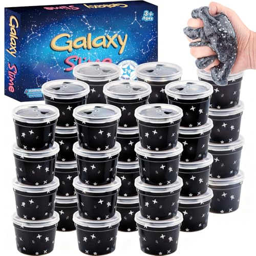 24 Pack Black Galaxy Star Slime, Galaxy Slime Cup Party Favors for Kids, Soft, Mess-Free, Wet, Non-Sticky, Birthday Gifts for Girls & Boys, Classroom Rewards, Goodie Bag Stuffers