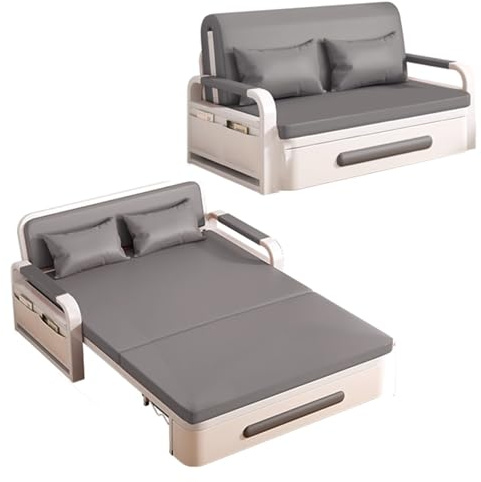 Ausziehbares Bettsofa mit Stauraum, Leder-Couch-Bett für Wohnzimmer und Schlafzimmer, schalldichter Rahmen aus Karbonstahl, Gästebett auf Rollen, 192 x 128 x 65 cm (Orange)