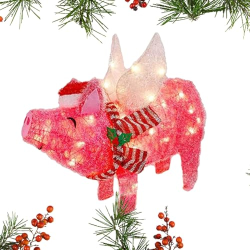 Weihnachten Schweinerosa - 3D fliegende Gartenfiguren beleuchtet | Outdoor Urlaub Haus Urlaub Topper 'Weihnachtsbaum