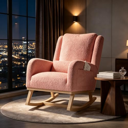 BIYFSDS Poltrona per allattamento con Cuscino, poltrona a dondolo con tasche, sedia a dondolo per interni esterni, sedia allattamento, camera da letto, balcone, rosa, 94 x 70 x 96 cm