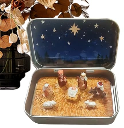 Generisch Mini-Weihnachtskrippe in Einer Blechdose, 9.5x6cm Handgefertigte Miniatur-Krippenszene, Kunstharz, Mit Heiligen Familie, Schafen Und Jesusfiguren, Weihnachtsdekoration Für Drinnen