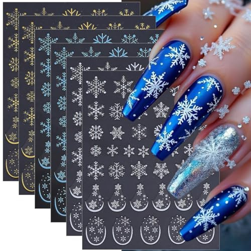 Celblisora 6er-Set Weihnachts-Nagelsticker,3D-Schneeflocken-Nagelsticker zum Selbstkleben,Blau-gold-weiße Schneeflocken Sticker, DIY-Weihnachts-Maniküre für Frauen