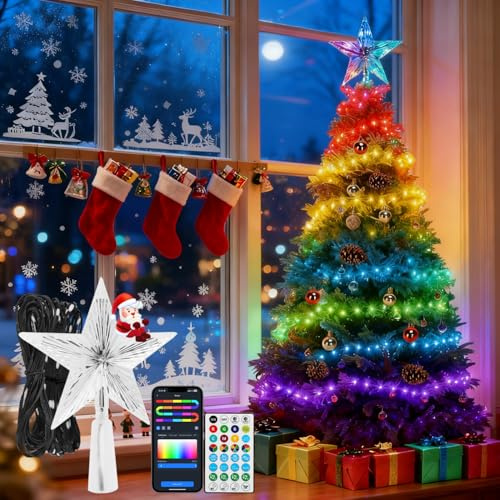 Aigostar Weihnachtsbaumspitze Stern mit RGBIC Lichterkette, 8M 50LEDs Lichterketten Innen & Außen, App, Musiksync, 39 Modi, DIY, IP44 für Weihnachten Party Tradition Baumschmuck Urlaub Dekoration