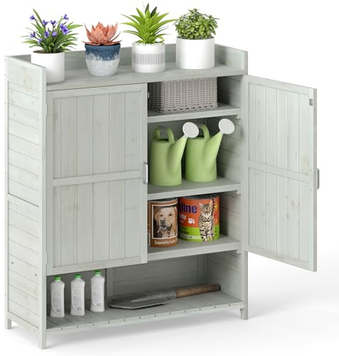 RELAX4LIFE Pflanztisch mit Unterschrank, Gartenschrank Wetterfest Outdoor, Gartenarbeitstisch Holz mit Arbeitsplatte & unterem Regal & 2 Türen, für Garten, Terrasse, Balkon, 100 x 38 x 118 cm, Grau