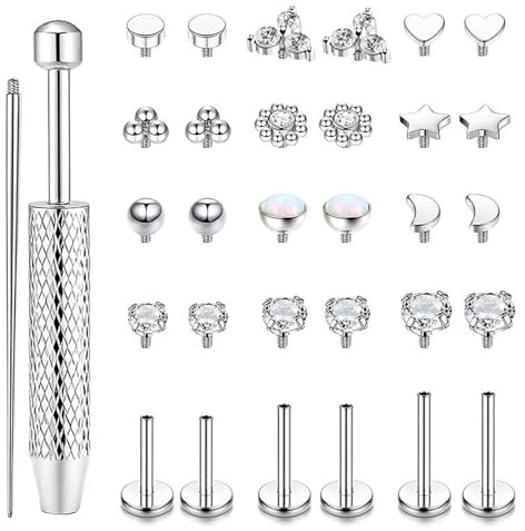 MLPKOI 32 Stück 16G Tragus Helix Labret Piercing Innengewinde Nasenpiercing Knorpel Helix Ohrringe Chirurgenstahl Nasenpiercing für Damen Herren Silber