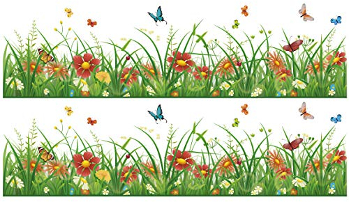 Wandkings Bordüre - Wähle ein Motiv - Gras mit bunten Blumen - 2x selbstklebende Wandbordüren je 100 cm - Gesamtlänge: 200 cm - Höhe: 24 cm