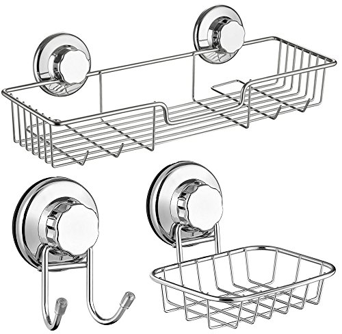 SANNO Suction Cup Shower Caddy/Soap Dish/Bath Hook-Shower Organizer Accessories Kitchen Storage Basket for Shampoo, Conditioner, Soap- Anti Rust Stainless Steel (Set of 3)