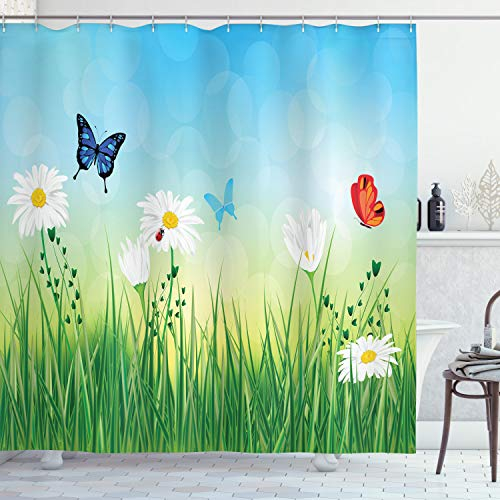 ABAKUHAUS Sommer Duschvorhang, Wiese Gänseblümchen Gras, Stoffliches Gewebe Badezimmerdekorationsset mit Haken, 175 x 220 cm, Mehrfarbig