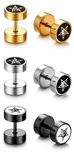 JewelryWe Stern Fake Plug Ohrstecker: 3 Paar Edelstahl Pentagramm Kreis Schraube Ohrringe Set mit Strass Emaille Fake Piercing Plugs Ohr Cheater Tunnel Gauges Ohrschmuck Geschenk Herren Damen