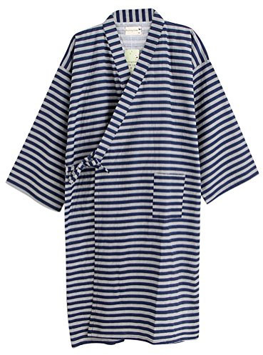 Qchomee Kimono Morgenmantel Yukata V-Ausschnitt Langarm Schlafmantel Bademantel Japanischer atmungsaktiv Saunamantel bequem Nachtwäsche weich Baumwolle Gestreift Sleepwear mit Tasche Frauen Männer