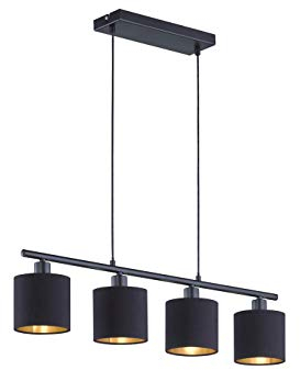 4-flammige Balkenpendelleuchte, Stoffschirme Schwarz-Gold, 75cm breit