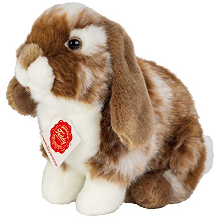Teddy Hermann 93724 Hase Widder-Kaninchen sitzend Dunkelbraun/weiß gescheckt 20 cm, Kuscheltier, Plüschtier mit recycelter Füllung