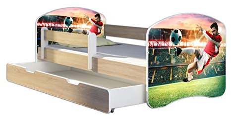 Kinderbett Jugendbett mit einer Schublade und Matratze Sonoma mit Rausfallschutz Lattenrost ACMA II 140x70 160x80 180x80 (37 Fußballer 2, 160x80 + Bettkasten)