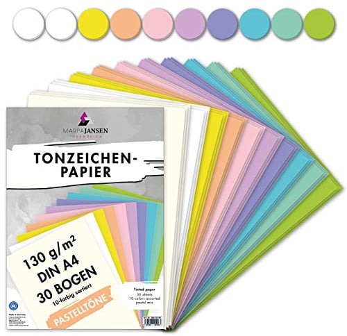 MarpaJansen Tonzeichenpapier Pastelltöne Mix, 10 Farben, DIN A4, 30 Bogen, 130 g/qm, Blauer Engel zertifiziert