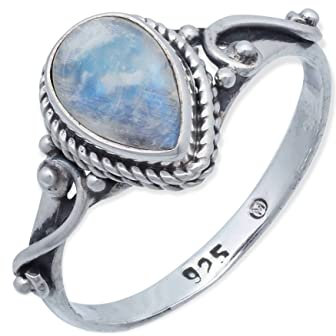 mantraroma Damen Ring 925 Silber Regenbogen Mondstein Edelstein weiß ausgefallen verspielt