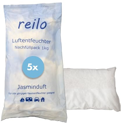 reilo Jasminduft 5x 1kg Luftentfeuchter Granulat, Nachfüllpack | Calciumchlorid-Granulat im Vliesbeutel gegen Feuchtigkeit & Schimmel, mit frischem Jasminduft – für Wohnraum & Keller
