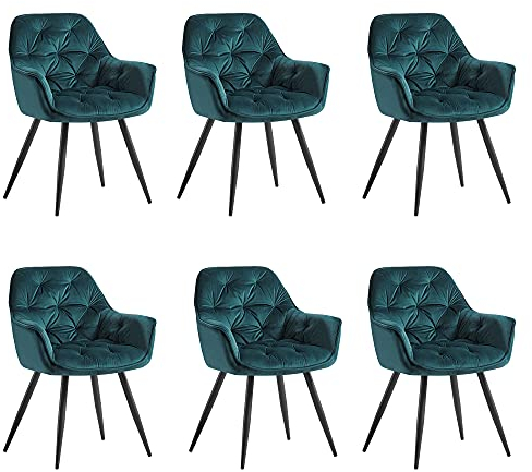 JaHECOME Lot de 6 Chaise de Salle à Manger Fauteuil, Siège en Velours Chaise de Salon, l'Assise Rembourré avec Dossier Tissu, Pieds en Métal Noir pour Cuisine, Chambre, Salle à Manger,Bleu Canard
