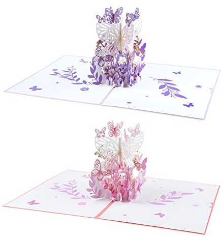 MIAHART 2 Pcs 3D Pop Up Karten Schmetterling Blume Pop Up Geburtstagskarte Pop Up Grußkarten Geschenkkarte für Valentinstag, Abschlussfeier, Jubiläum, Weihnachten, Muttertag, Vatertag (Pink, Lila)