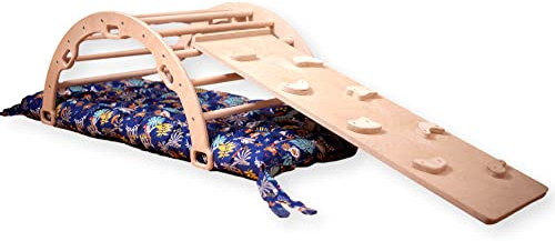Montessori Kletterbogen | Bogen mit zweiseitiger Felswandrampe & Kissen | Hölzerner Kletterbogen & Kletterwand für Kinder | Set inkl. Rampe und Kissen für Kletterbogen