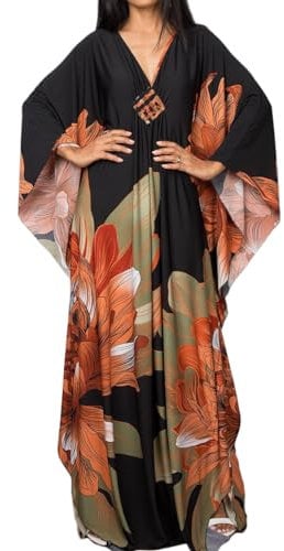 Bsubseach Plus Size Caftan Dresses for Women Swimsuit Cover Up Batwing Sleeve Summer Maxi Kaftan Dress Orange Green Flower