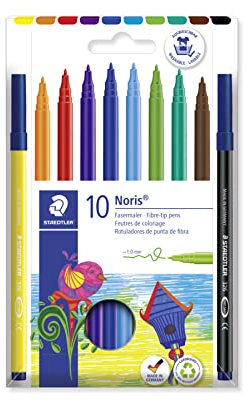 STAEDTLER Fasermaler Noris, Tinte mit Lebensmittelfarbstoffen auf Wasserbasis, Kappe mit Atemluftkanal, Linienbreite 1,0 mm, 10 Filzstifte in sortierten Farben im Kartonetui, 326 C10