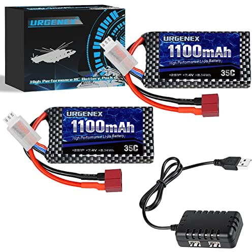 URGENEX 2S Lipo Battery 7.4v 1100mAh RC Lipo Batteries 8.14Wh 35C Li-Po Battery with Deans T Plug Fit for BEZGAR HS181/HM181, HBX 18859E Q903 16890A, XLH 1/16 Scale RC Car 1 USB Charger(1 to 2)