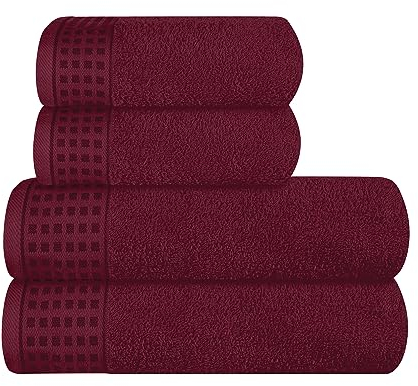 GLAMBURG Ultra Soft 4er-Pack Handtuch-Set, Baumwolle, enthält 2 übergroße Badetücher 70 x 140 cm, 2 Handtücher 50 x 90 cm, für den täglichen Gebrauch, kompakt und leicht — Burgunderrot
