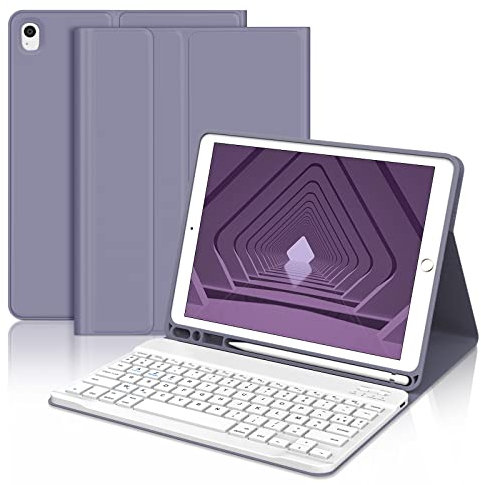 JADEMALL Coque Clavier pour iPad 10.2, iPad 9eme/8eme/7eme Generation 2021/2020/2019, iPad Air 3 2019, AZERTY Clavier Bluetooth sans Fil Détachable pour iPad 10.2, Violet