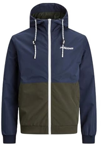 JACK & JONES Jjerush Hood Bomber Noos Homme Blouson aviateur, Blazer bleu marine/détail : rose/blanc, S