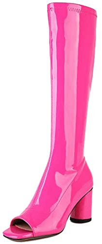 XINXINIO Stivali alti al ginocchio da donna con cerniere laterali Chunky Heel, Fucsia 7 cm, 42 EU
