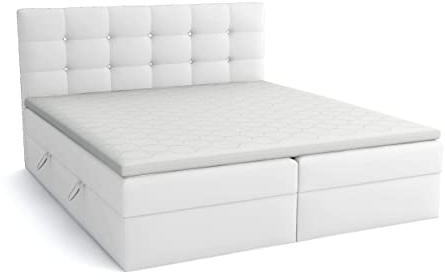 FEDVE Boxspringbett 160x200 Weiß Öko-Leder – Ordos – Solid Bett mit Bettkasten – Praktisches Doppelbett mit Stauraum für Viele Jahre – Gemütlich Kopfteil Bett zum Schlafzimmer