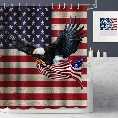 Duschvorhang mit amerikanischer Flagge, Unabhängigkeitstag, patriotisches Thema, USA, Adler, Duschvorhänge für Badezimmer, Dekor, Stoff, wasserdicht, Duschvorhang-Sets mit 12 Haken, 182.9x182.9 cm
