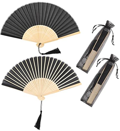 Vaktop Handfächer, 2er Klein Handfächer aus Stoff für eine Abkühlung im Sommer, Faltbar Handfächer mit Quaste und Fan-Tasche - für Hochzeite Bevorzugung Aufführung Tanz Dekoration (Schwarz)