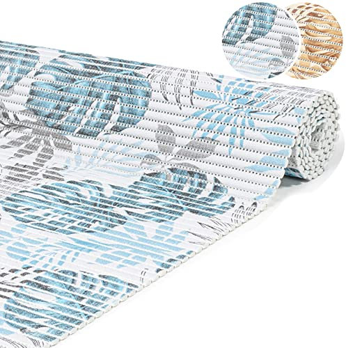 ANRO Badematte Weichschaummatte Bad- und Duschvorleger Antirutsch Badläufer Palmenblätter Blau 350x65cm