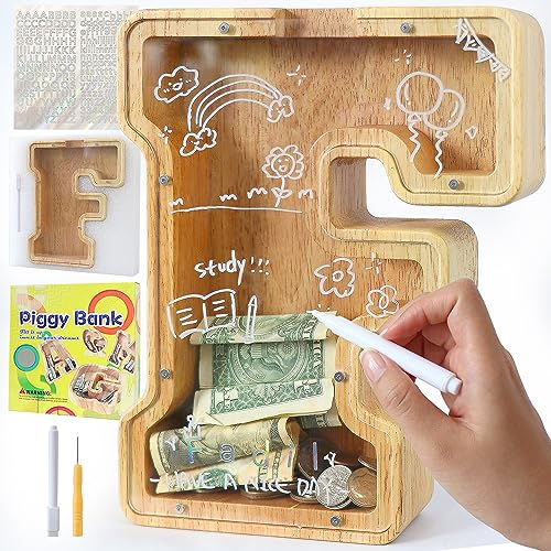Lakpopya Spardose für Kinder Jungen Mädchen Sparschwein Kinder Spardose Personalisiert Durchsichtig Spardose Buchstabe Holz A-Z mit Zielbereich & Aufkleber & Marker, Taufe Geschenk Dekoration (F)