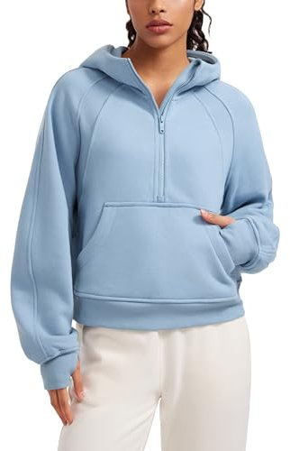 CRZ YOGA Felpe con Cappuccio a Mezza Zip da Donna Foderate in Pile con Fori per i Pollici Blu Cambrico 44